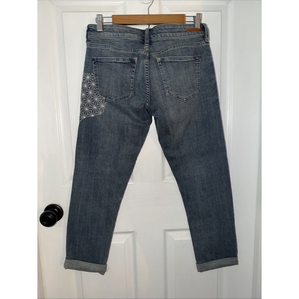 Pilcro Jeans Womens 26 Blue Boyfriend Crop Distressed Embroidered Patchwork Boho - Picture 6 of 8
